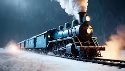 the train is traveling down the tracks on a snowy night,an old steam engine train traveling through the night