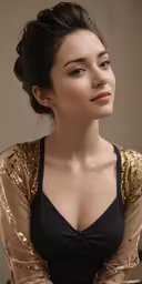 the young woman is wearing a black bra and a gold blouse