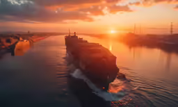 a cargo ship is riding across the water as the sun sets