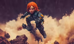 the action figure is flying above a rocky area