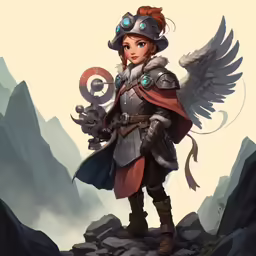 an illustrated woman with red hair and glasses holding a sword and wearing a helmet with wings on top of rocks