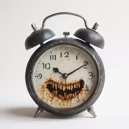 a clock that has an evil face on it