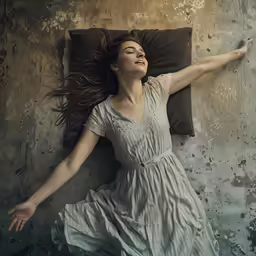 a woman with a large smile is laying on a pillow