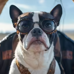 dog wearing large goggles while sitting in an enclosed area