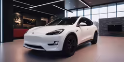 a white tesla suv in the show room