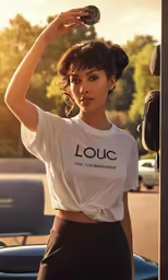 a woman holding up her hair while wearing a white shirt