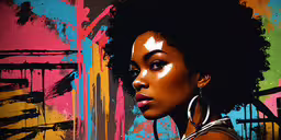 a woman with an afro is against a colorful background,the young woman is standing by the wall painted