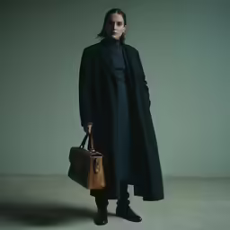 a man with a briefcase and coat standing