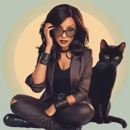 a woman with sunglasses and a black cat
