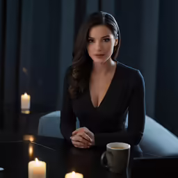 a woman with a cup sitting at a table with three lit candles