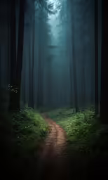 a forest scene with trees and a path