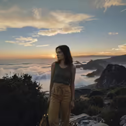 woman standing on rock overlooking ocean with cloudy sky