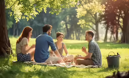 three men and two women sitting on a blanket and laughing while the girl in the back speaks with a friend