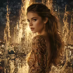 a woman in a long dress standing near a rain filled city