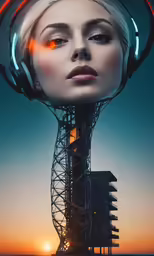 a girl with headphones on her head near a building