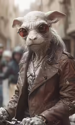 a weird creature with brown glasses riding on a motorcycle