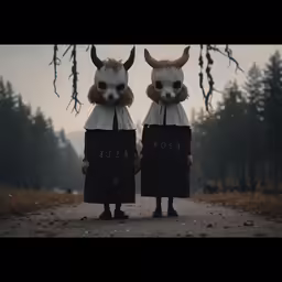 two sculptures of two women with horns on their heads