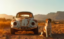 dog and cat sit in front of an old car