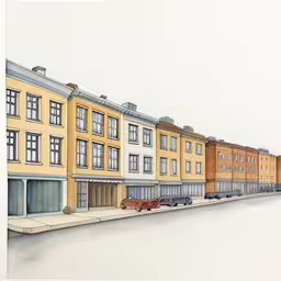 a painting of some cars parked on the side of the street,the image is of some buildings along side the road,watercolor of buildings line a city street,a painting of a street with several row houses on the side,watercolors on paper showing a row of houses