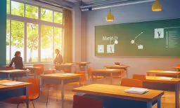 a classroom with desks, chairs and chalkboard in it