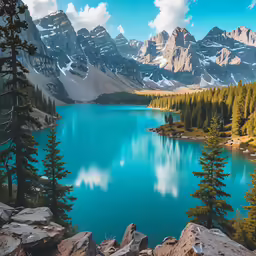 a beautiful blue lake surrounded by mountain peaks