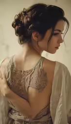 woman with shoulder tattoo and silk blouse looking back