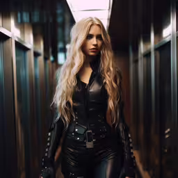 a woman dressed in all black posing on an elevator,a blonde model in a leather outfit posing