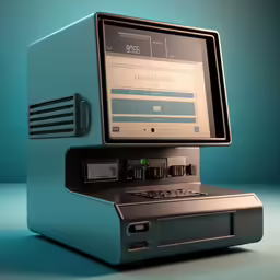 a computer sitting on top of a blue table