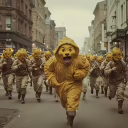 children dressed in teddy bear outfits are walking down the street