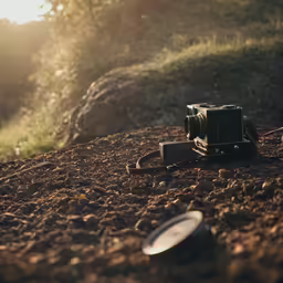 a camera and lens sitting on the ground