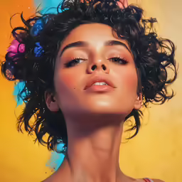 a girl with some kind of hair sitting next to a wall