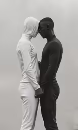 two men wearing hooded clothing stand close to each other