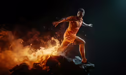 a person dressed in orange standing on a rocky area with flames in the background