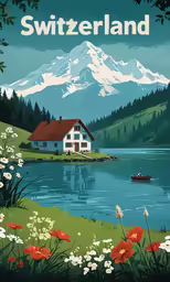 a vintage poster of switzerland with mountains and a lake
