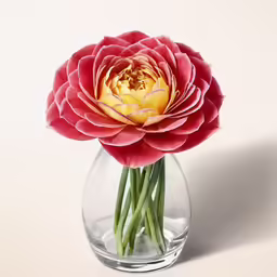 a red flower in a clear vase on the table