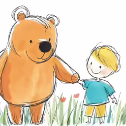 an illustration of a boy with his hand on a bear