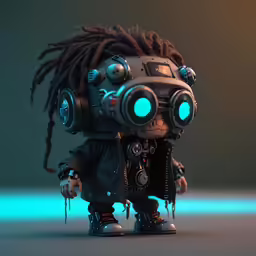 the small robot is wearing headphones with dreadlocks