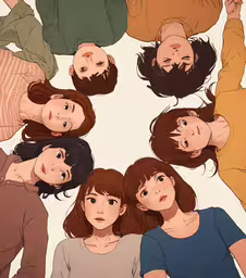 the group of young women is standing together in a circle,a group of women standing in a circle with each other