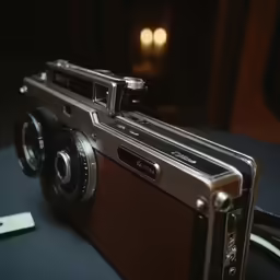 a small camera sits on a table next to a tag