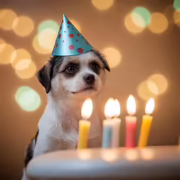 a dog with a party hat on while looking over a table