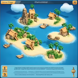 an island with palm trees and small buildings