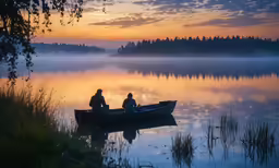 two people sitting in a row boat near a body of water
