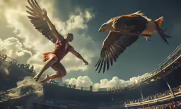 the man is jumping into the air with an eagle on his arm