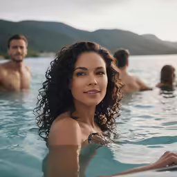a young woman in an ocean pool with others
