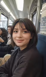a girl smiling for the camera while on the subway