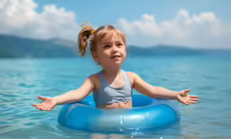 a little girl on the water with an inner tube