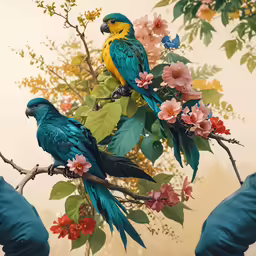 a couple of birds sitting on a tree branch
