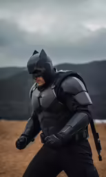 a man in the batman costume walks with his arm wrapped around the neck