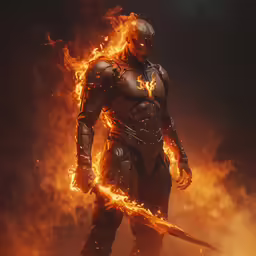 the dark knight of the forest stands on his hind legs with a sword in hand as it fires from behind