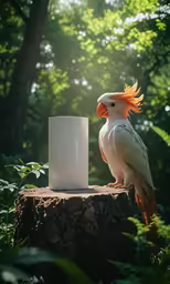 a parrot sitting on a tree stump looking at a glass of water